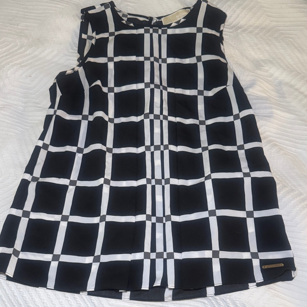 Michael Kors Black and White Grid Sleeveless Blouse